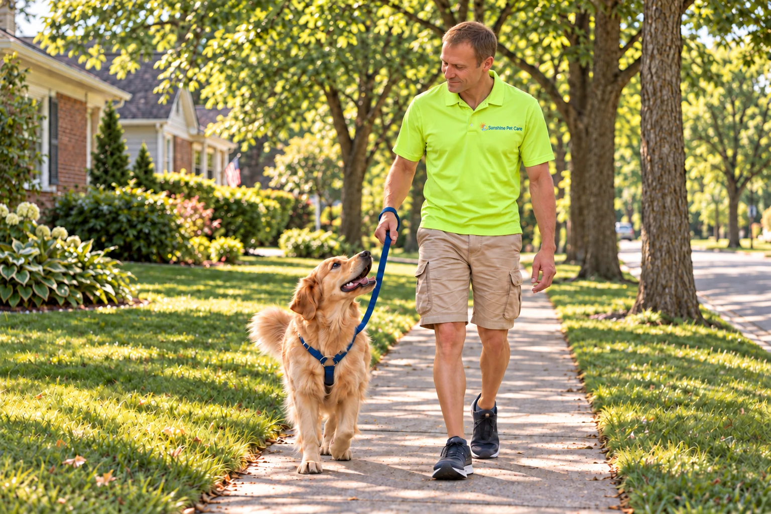 Illustrative banner concept: Christopher in a safety-green shirt walking a dog who looks up at him.
