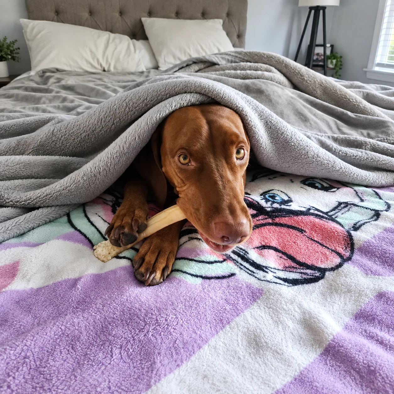 Ty tucked beneath a blanket at home with his chew.