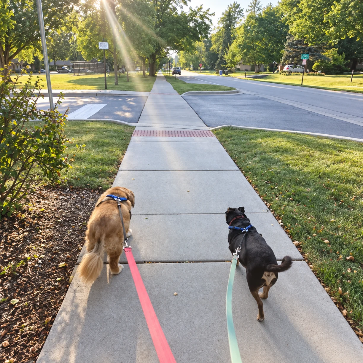 Wendy and Danny walking on leashes along a sunny neighborhood sidewalk in Mount Prospect.